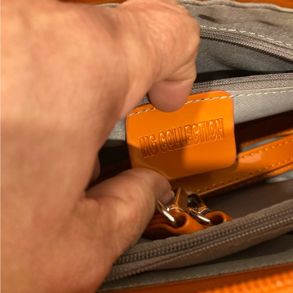 MG Collection Orange Faux Patent Leather Satchel with Scarf Accent - Picture 6 of 7